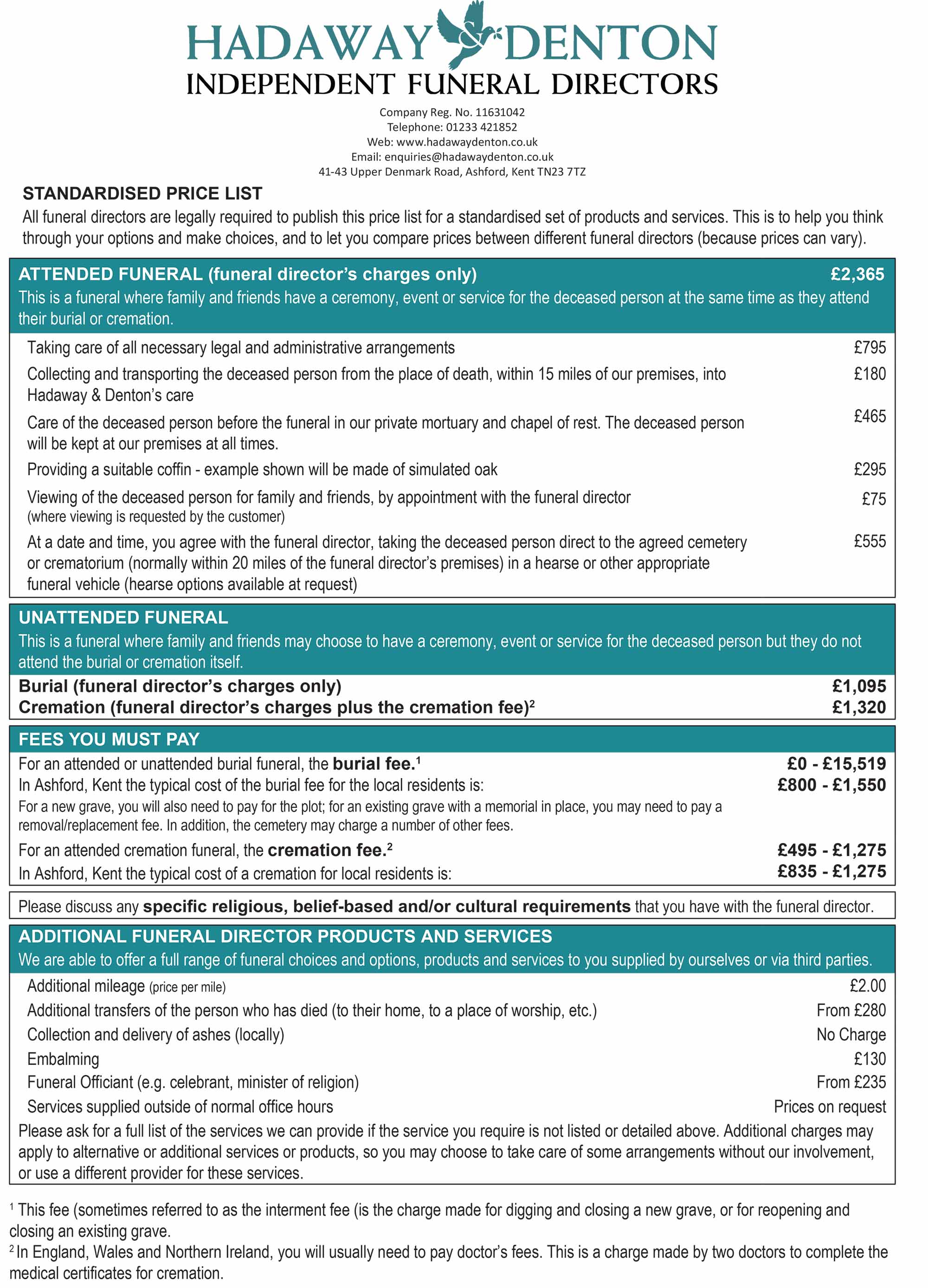 standard price list